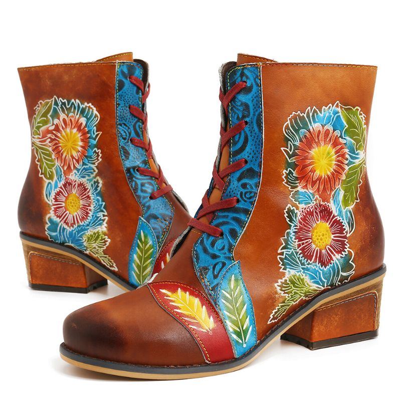 Flache Kurze Stiefel Aus Echtem Leder Mit Retro Blumenmuster Und Geprägten Nähten Für Damen