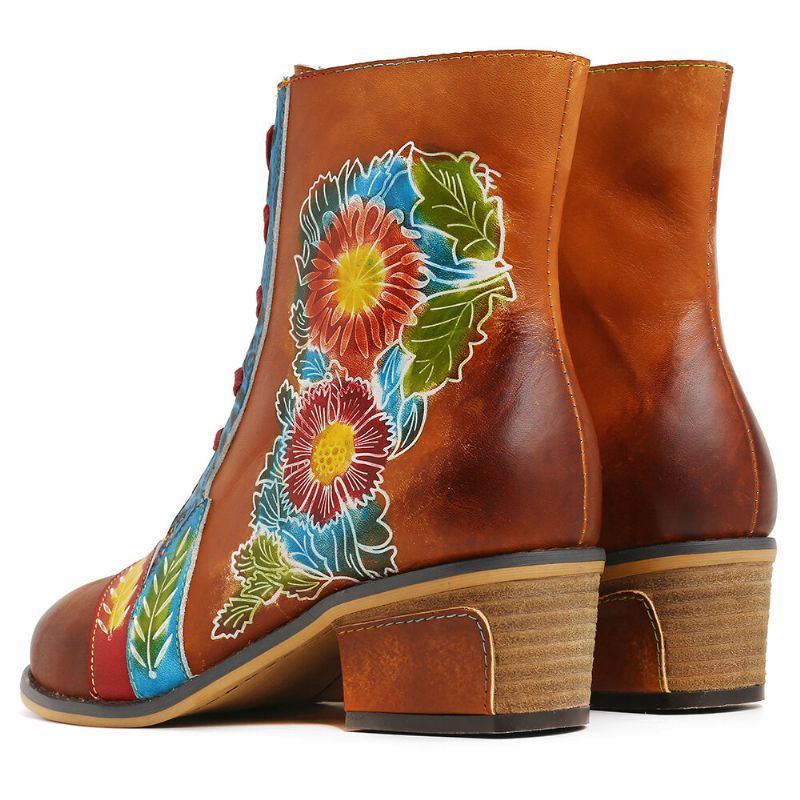 Flache Kurze Stiefel Aus Echtem Leder Mit Retro Blumenmuster Und Geprägten Nähten Für Damen