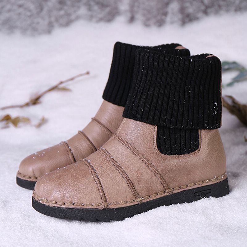 Flache Flache Schnee Stiefel Zum Hineinschlüpfen Aus Rindsleder Für Damen Mit Warmem Futter