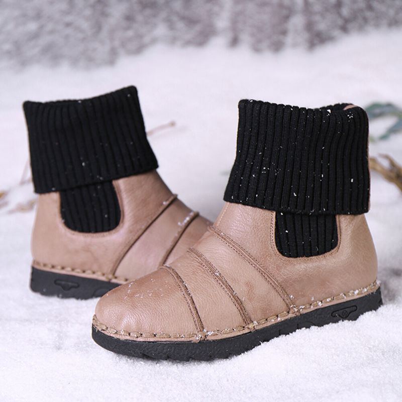 Flache Flache Schnee Stiefel Zum Hineinschlüpfen Aus Rindsleder Für Damen Mit Warmem Futter