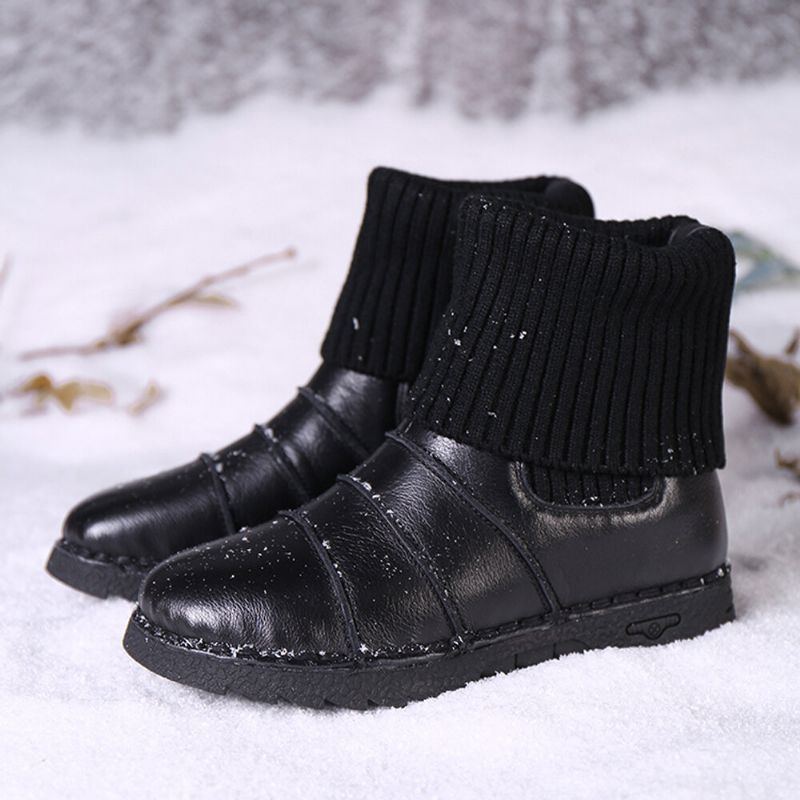 Flache Flache Schnee Stiefel Zum Hineinschlüpfen Aus Rindsleder Für Damen Mit Warmem Futter