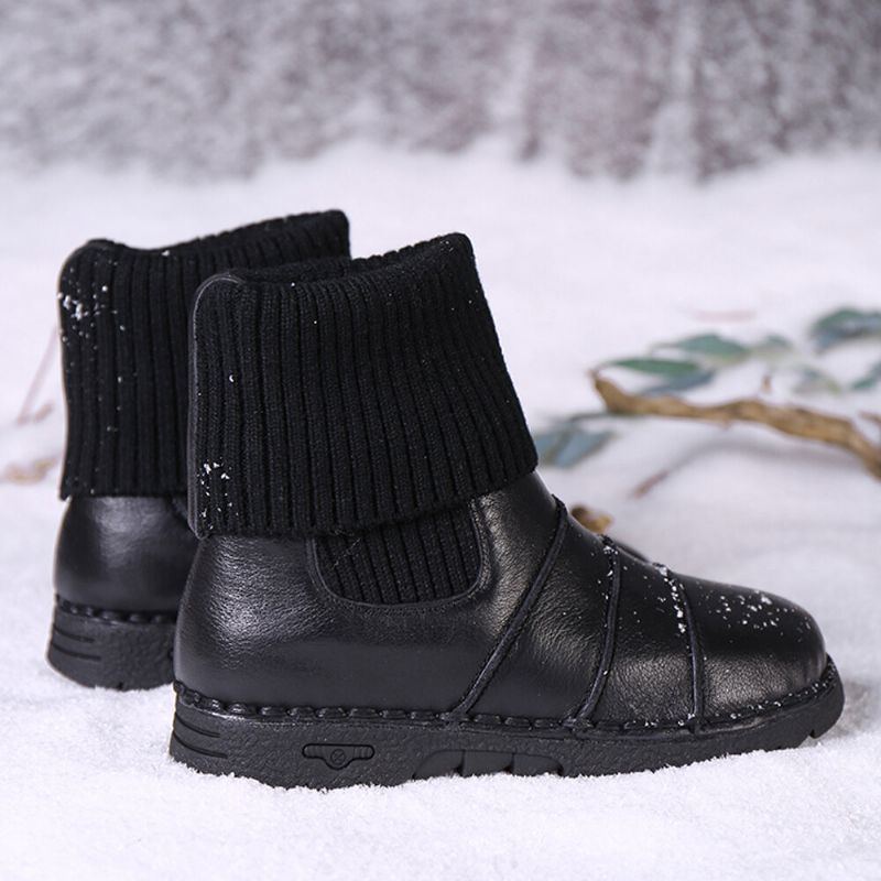 Flache Flache Schnee Stiefel Zum Hineinschlüpfen Aus Rindsleder Für Damen Mit Warmem Futter