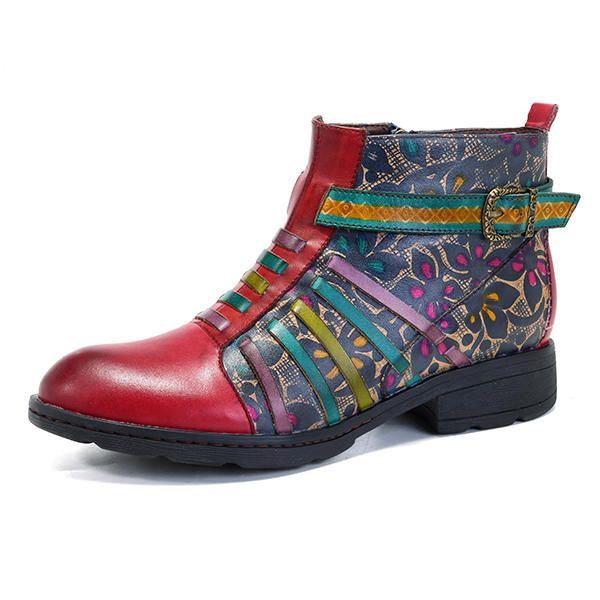 Damen Die Retro Spleißen Streifen Muster Flache Lederstiefel Beiläufige Blumen Stiefeletten Drucken