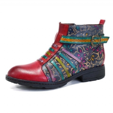 Damen Die Retro Spleißen Streifen Muster Flache Lederstiefel Beiläufige Blumen Stiefeletten Drucken