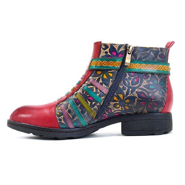 Damen Die Retro Spleißen Streifen Muster Flache Lederstiefel Beiläufige Blumen Stiefeletten Drucken