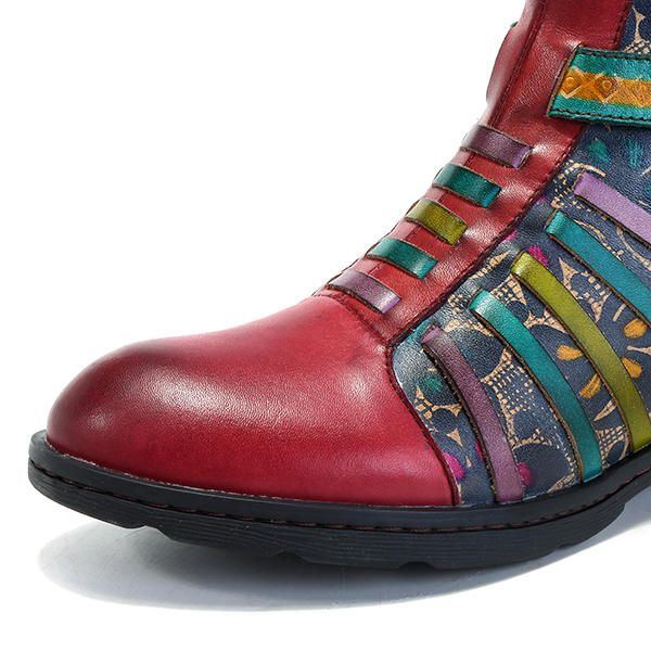 Damen Die Retro Spleißen Streifen Muster Flache Lederstiefel Beiläufige Blumen Stiefeletten Drucken