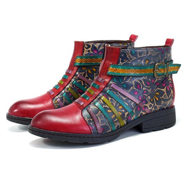 Damen Die Retro Spleißen Streifen Muster Flache Lederstiefel Beiläufige Blumen Stiefeletten Drucken