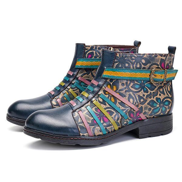 Damen Die Retro Spleißen Streifen Muster Flache Lederstiefel Beiläufige Blumen Stiefeletten Drucken