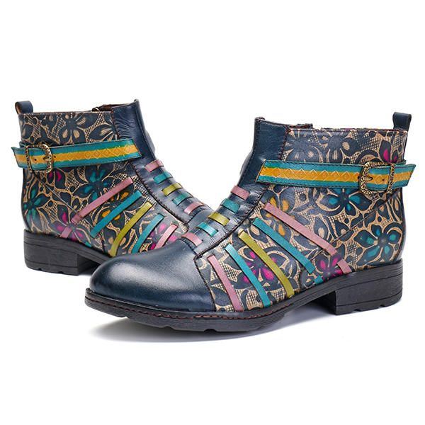 Damen Die Retro Spleißen Streifen Muster Flache Lederstiefel Beiläufige Blumen Stiefeletten Drucken