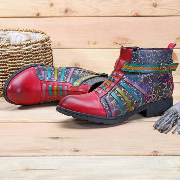 Damen Die Retro Spleißen Streifen Muster Flache Lederstiefel Beiläufige Blumen Stiefeletten Drucken