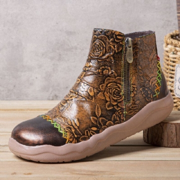 Damen Echtes Leder Blumenmuster Bunte Nähende Stiefeletten