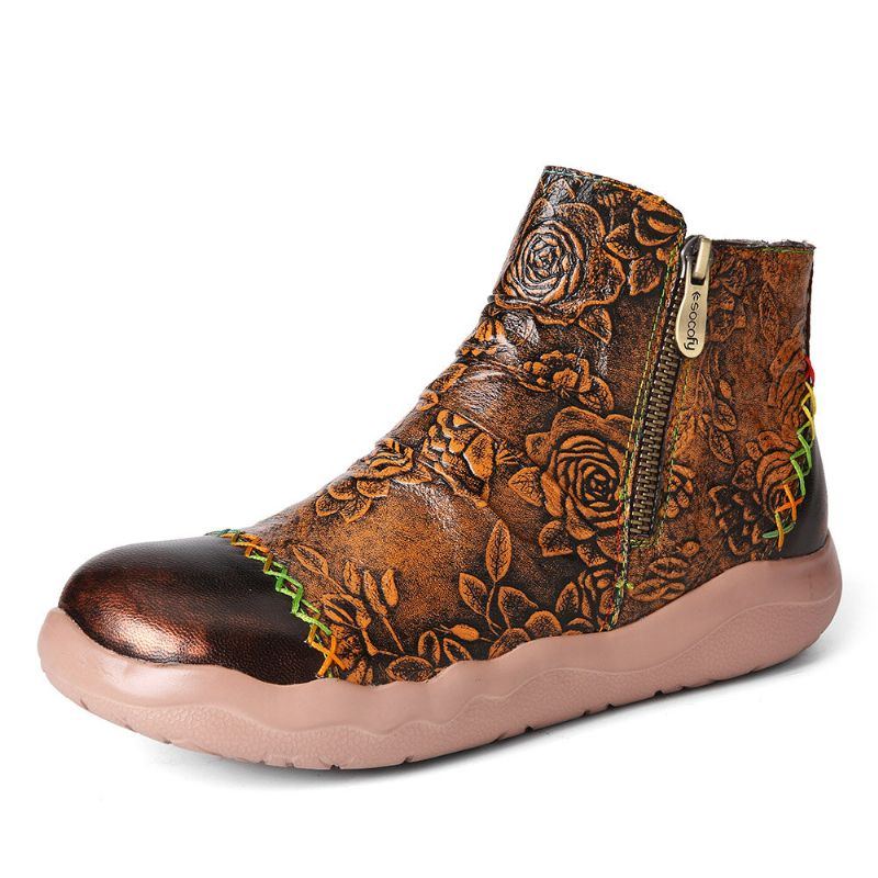 Damen Echtes Leder Blumenmuster Bunte Nähende Stiefeletten