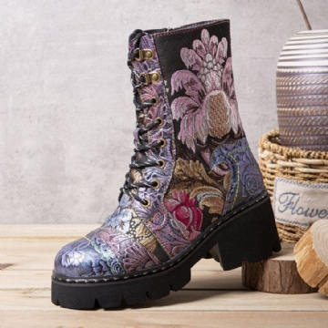 Damen Echtes Leder Retro Blumen Stickerei Mid Tube Stiefel