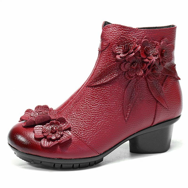 Damen Echtes Leder Retro Handgemachte Blumen Normallack Knöchel Kurzschluss Stiefel