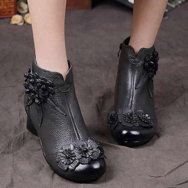 Damen Echtes Leder Retro Handgemachte Blumen Normallack Knöchel Kurzschluss Stiefel