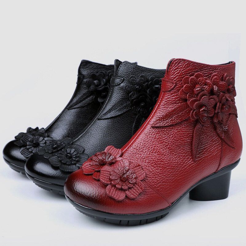 Damen Echtes Leder Retro Handgemachte Blumen Normallack Knöchel Kurzschluss Stiefel