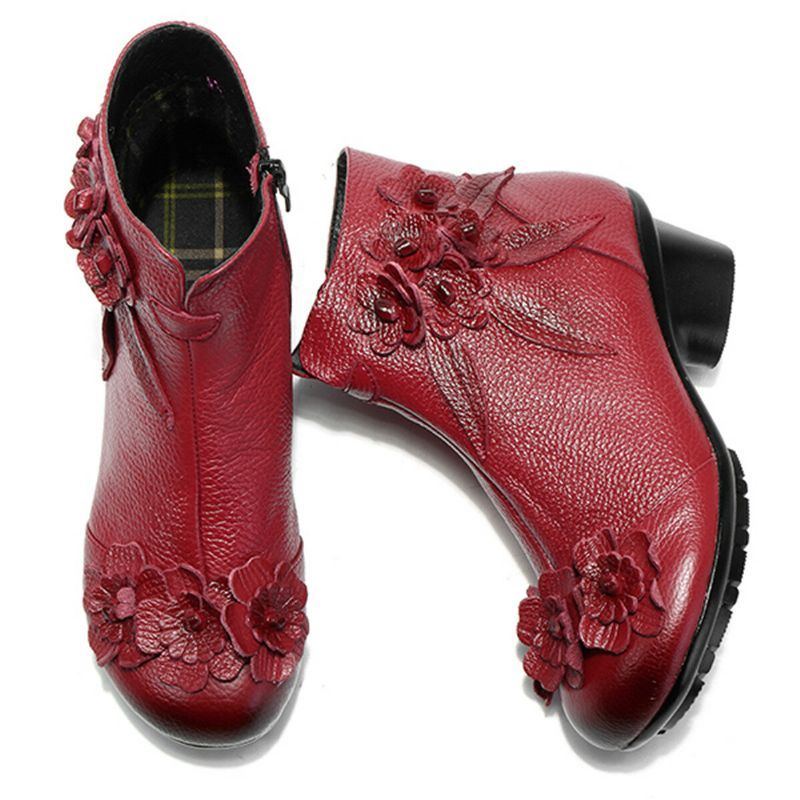 Damen Echtes Leder Retro Handgemachte Blumen Normallack Knöchel Kurzschluss Stiefel