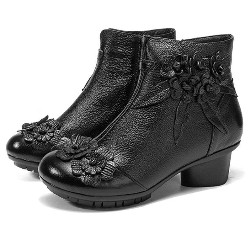 Damen Echtes Leder Retro Handgemachte Blumen Normallack Knöchel Kurzschluss Stiefel