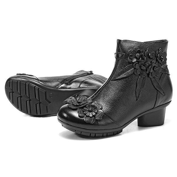 Damen Echtes Leder Retro Handgemachte Blumen Normallack Knöchel Kurzschluss Stiefel