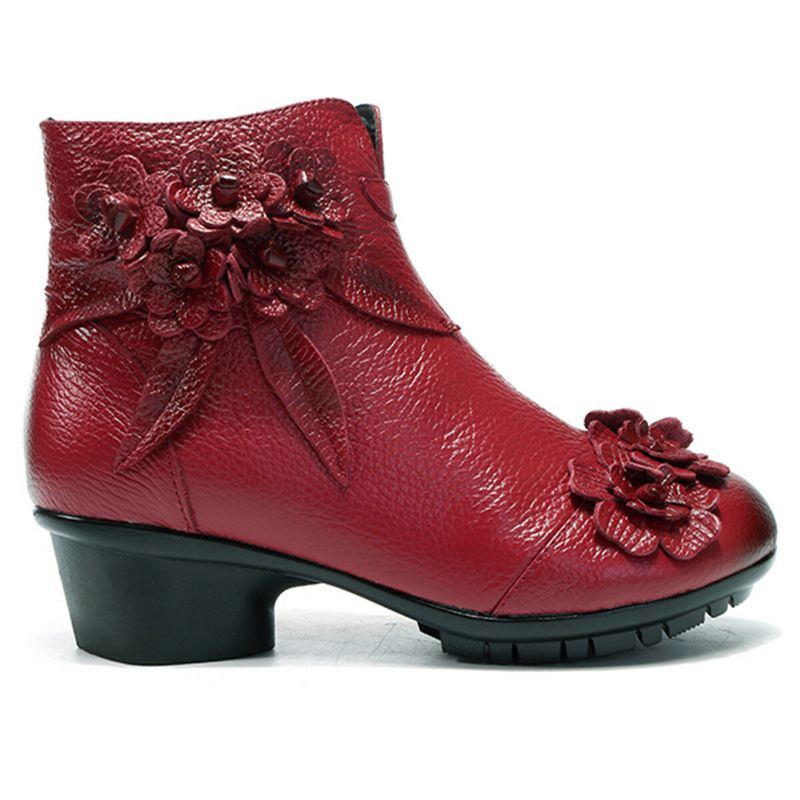 Damen Echtes Leder Retro Handgemachte Blumen Normallack Knöchel Kurzschluss Stiefel