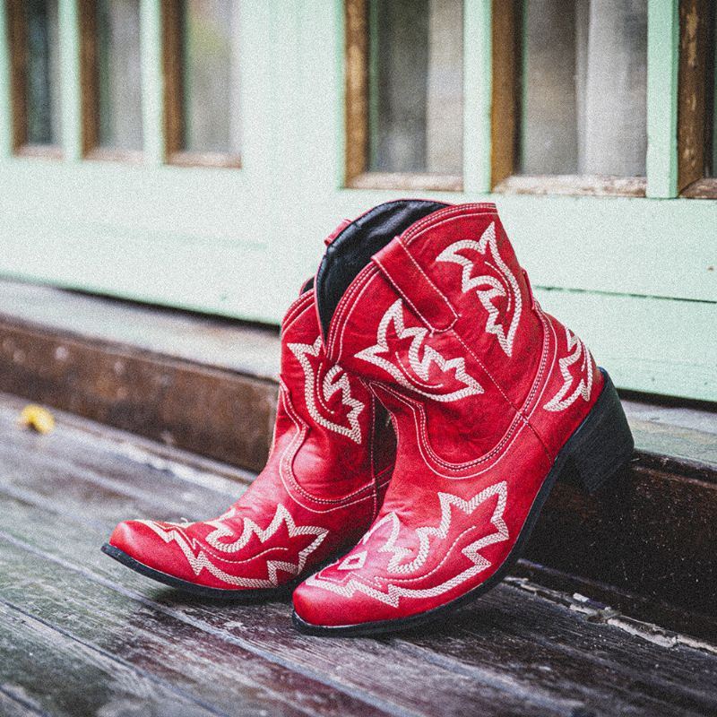 Damen Folkways Blumen Bestickt Chunky Heel Slip On Short Cowboy Boots