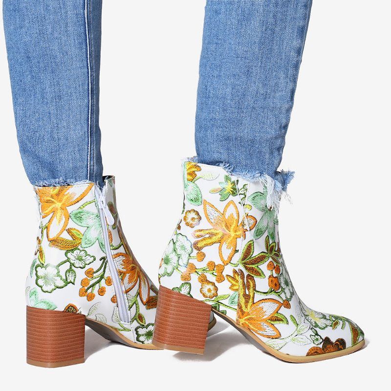 Damen Große Größe Blume Bedruckte Chunky Heel Ankle Short Stiefel