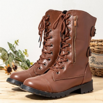 Damen Große Größe Round Toe Lace Up Lässige Tragbare Kampfstiefel Mit Mittlerer Wade