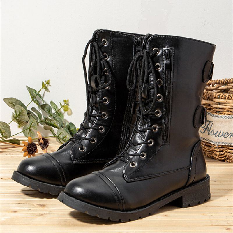 Damen Große Größe Round Toe Lace Up Lässige Tragbare Kampfstiefel Mit Mittlerer Wade