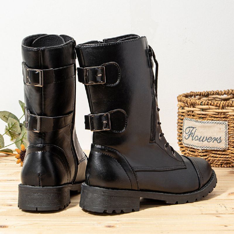 Damen Große Größe Round Toe Lace Up Lässige Tragbare Kampfstiefel Mit Mittlerer Wade