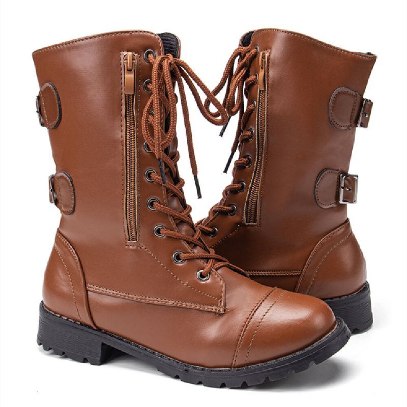 Damen Große Größe Round Toe Lace Up Lässige Tragbare Kampfstiefel Mit Mittlerer Wade