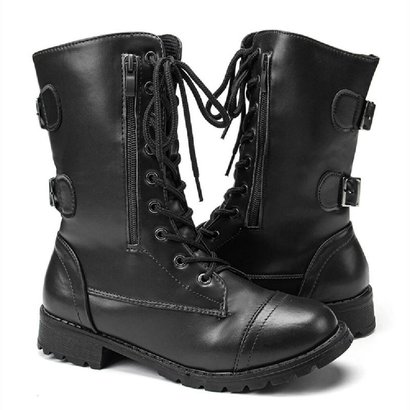 Damen Große Größe Round Toe Lace Up Lässige Tragbare Kampfstiefel Mit Mittlerer Wade