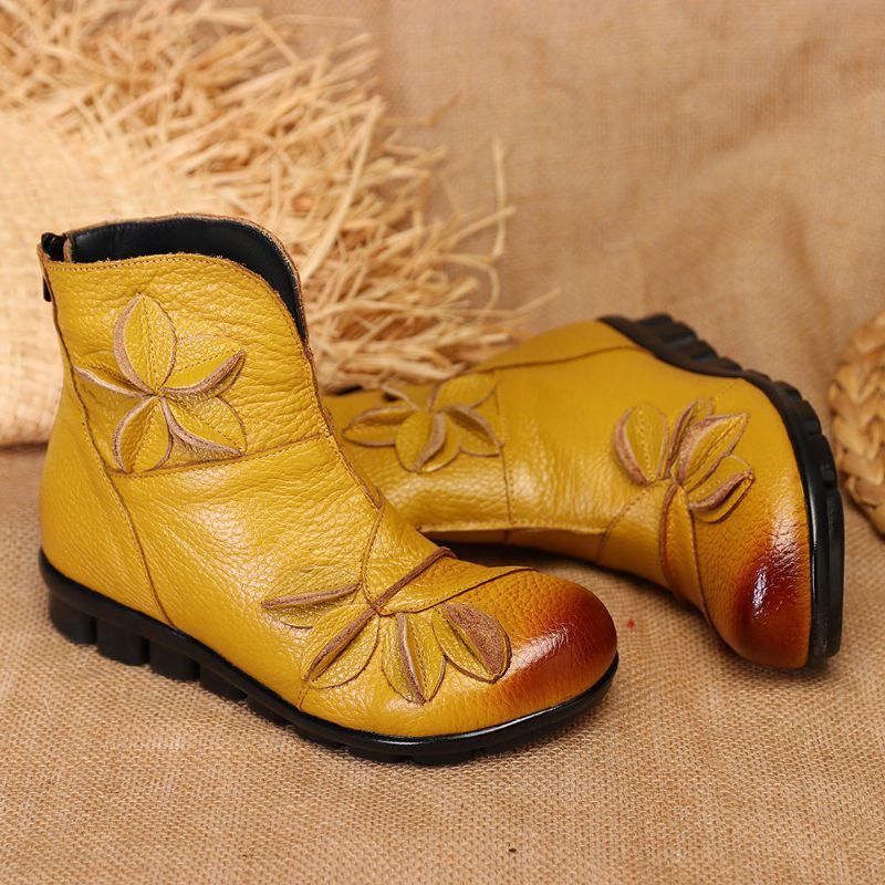 Damen Handgefertigte Blume Aus Echtem Leder Bequeme Knöchelkurze Stiefel