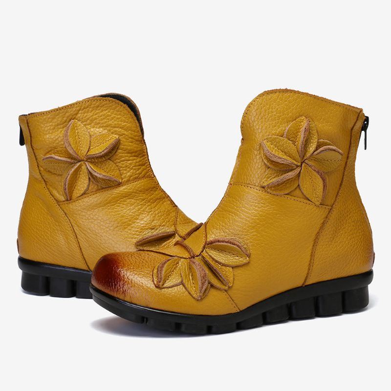 Damen Handgefertigte Blume Aus Echtem Leder Bequeme Knöchelkurze Stiefel