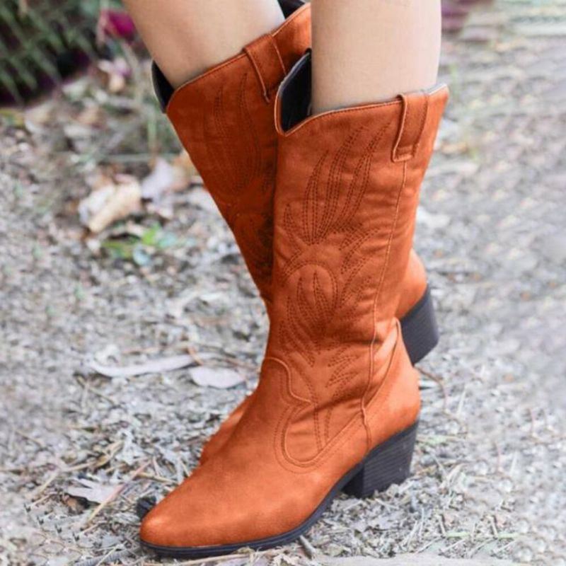 Damen Leder Stickerei Muster Spitze Zehe Chunky Heel Trendy Ritter Cowboy Stiefel