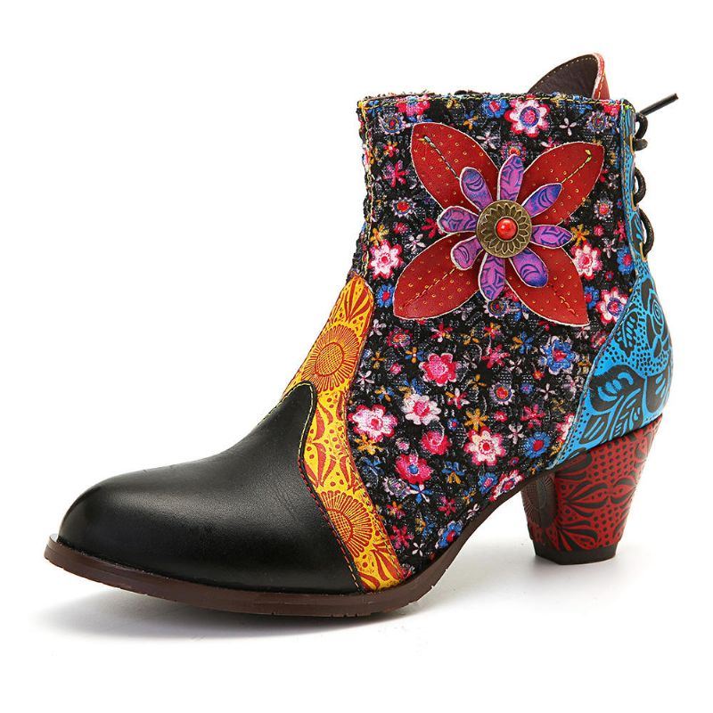 Damen Retro Blatt Blumen Leder Bequeme Reißverschluss Stiefeletten