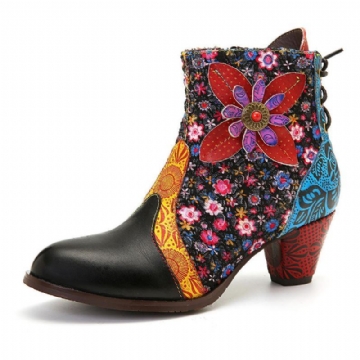 Damen Retro Blatt Blumen Leder Bequeme Reißverschluss Stiefeletten