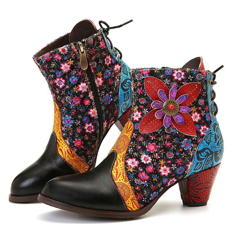 Damen Retro Blatt Blumen Leder Bequeme Reißverschluss Stiefeletten