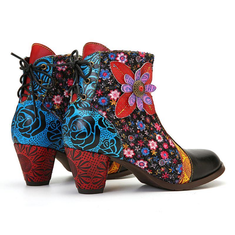 Damen Retro Blatt Blumen Leder Bequeme Reißverschluss Stiefeletten