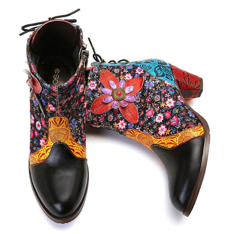 Damen Retro Blatt Blumen Leder Bequeme Reißverschluss Stiefeletten