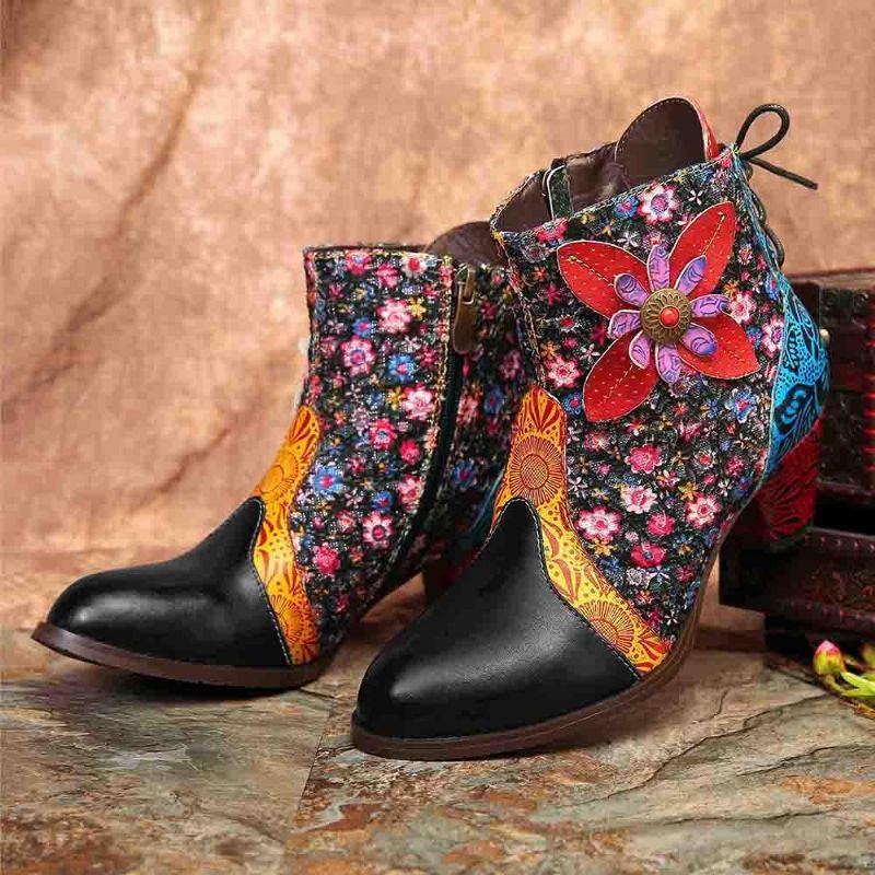 Damen Retro Blatt Blumen Leder Bequeme Reißverschluss Stiefeletten