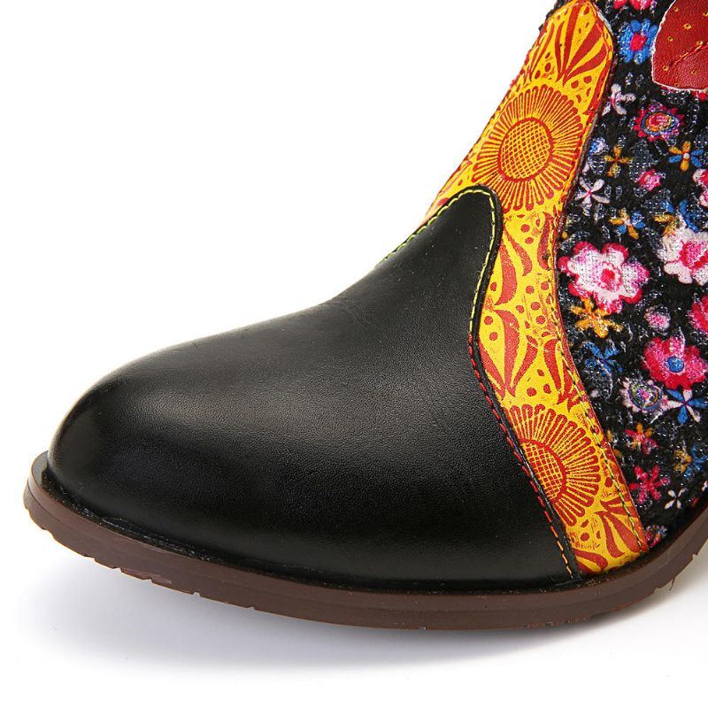 Damen Retro Blatt Blumen Leder Bequeme Reißverschluss Stiefeletten