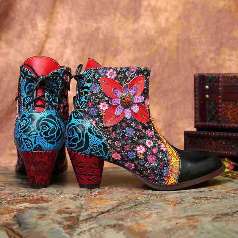 Damen Retro Blatt Blumen Leder Bequeme Reißverschluss Stiefeletten