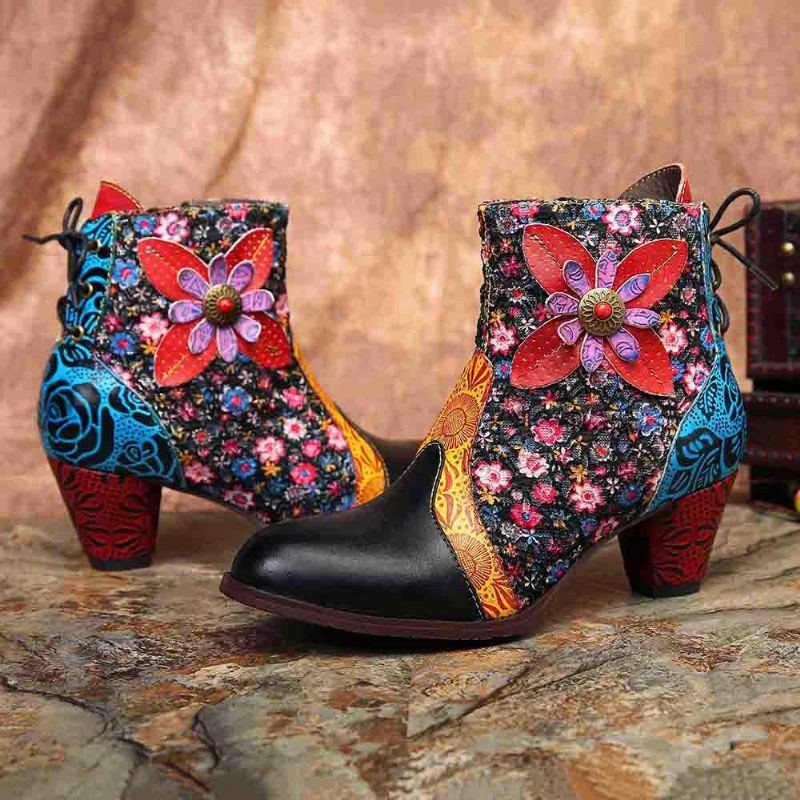 Damen Retro Blatt Blumen Leder Bequeme Reißverschluss Stiefeletten