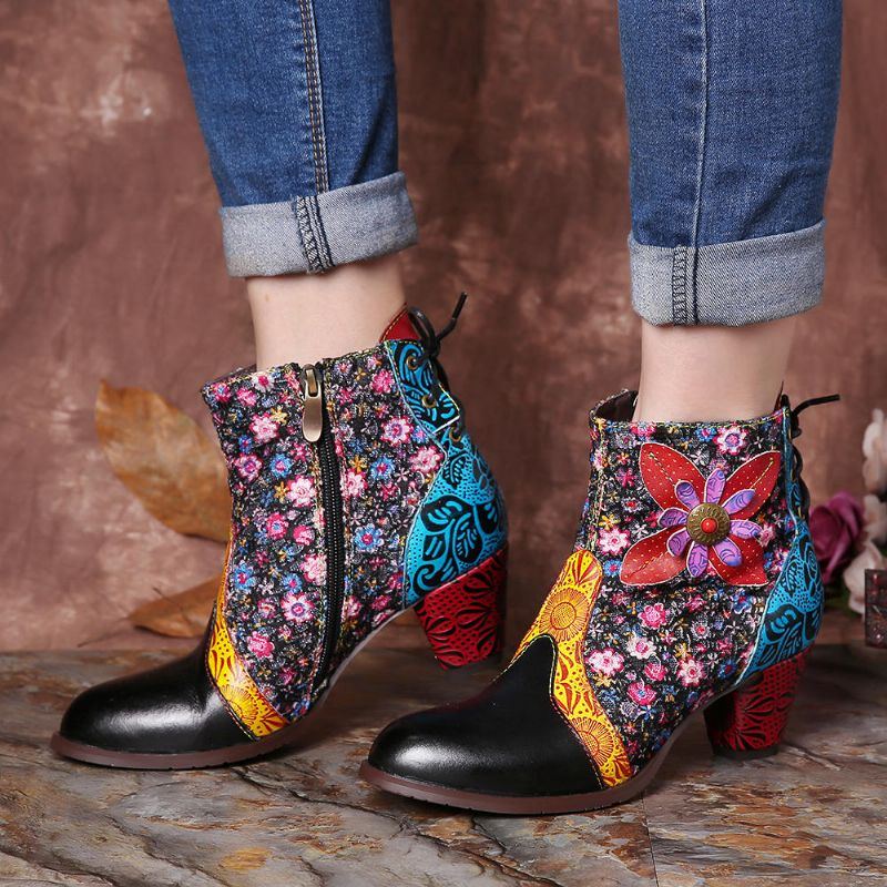 Damen Retro Blatt Blumen Leder Bequeme Reißverschluss Stiefeletten