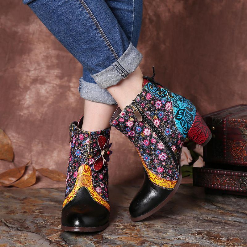 Damen Retro Blatt Blumen Leder Bequeme Reißverschluss Stiefeletten