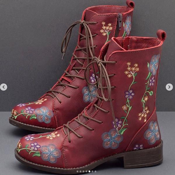 Damen Retro Blumen Druck Mittlere Waden Stiefel