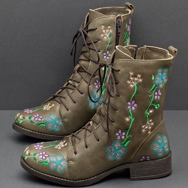 Damen Retro Blumen Druck Mittlere Waden Stiefel