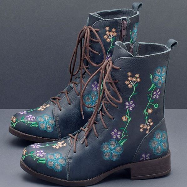 Damen Retro Blumen Druck Mittlere Waden Stiefel