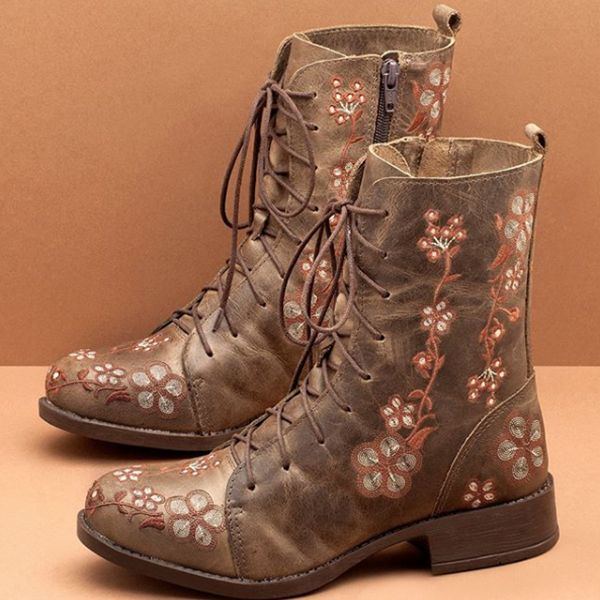 Damen Retro Blumen Druck Mittlere Waden Stiefel