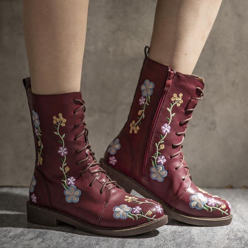 Damen Retro Blumen Druck Mittlere Waden Stiefel